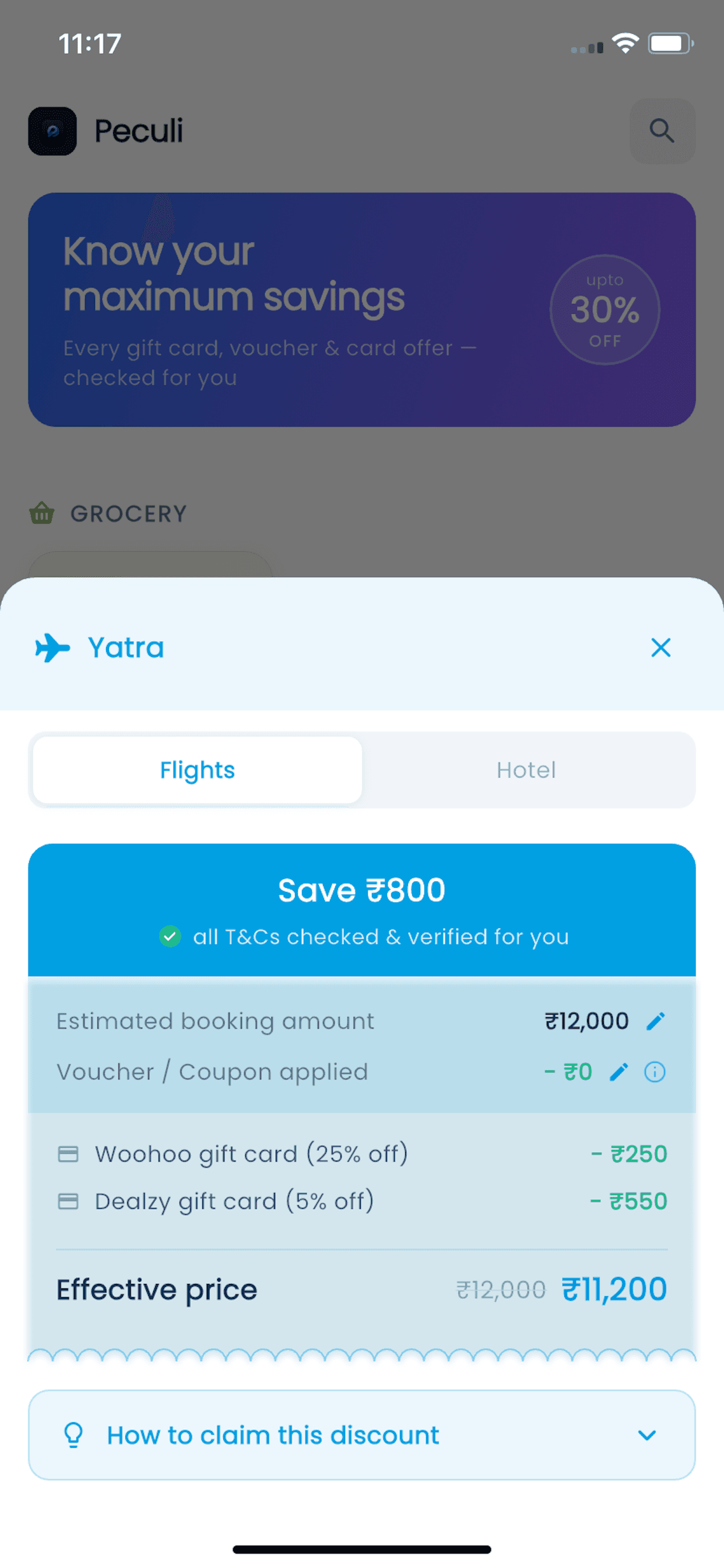 Peculi bill preview — Save ₹800 on a Yatra flight booking